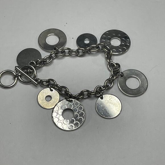 Cookie Lee signed bracelet chunky chain link disk dangle charms gray boho - Picture 4 of 8